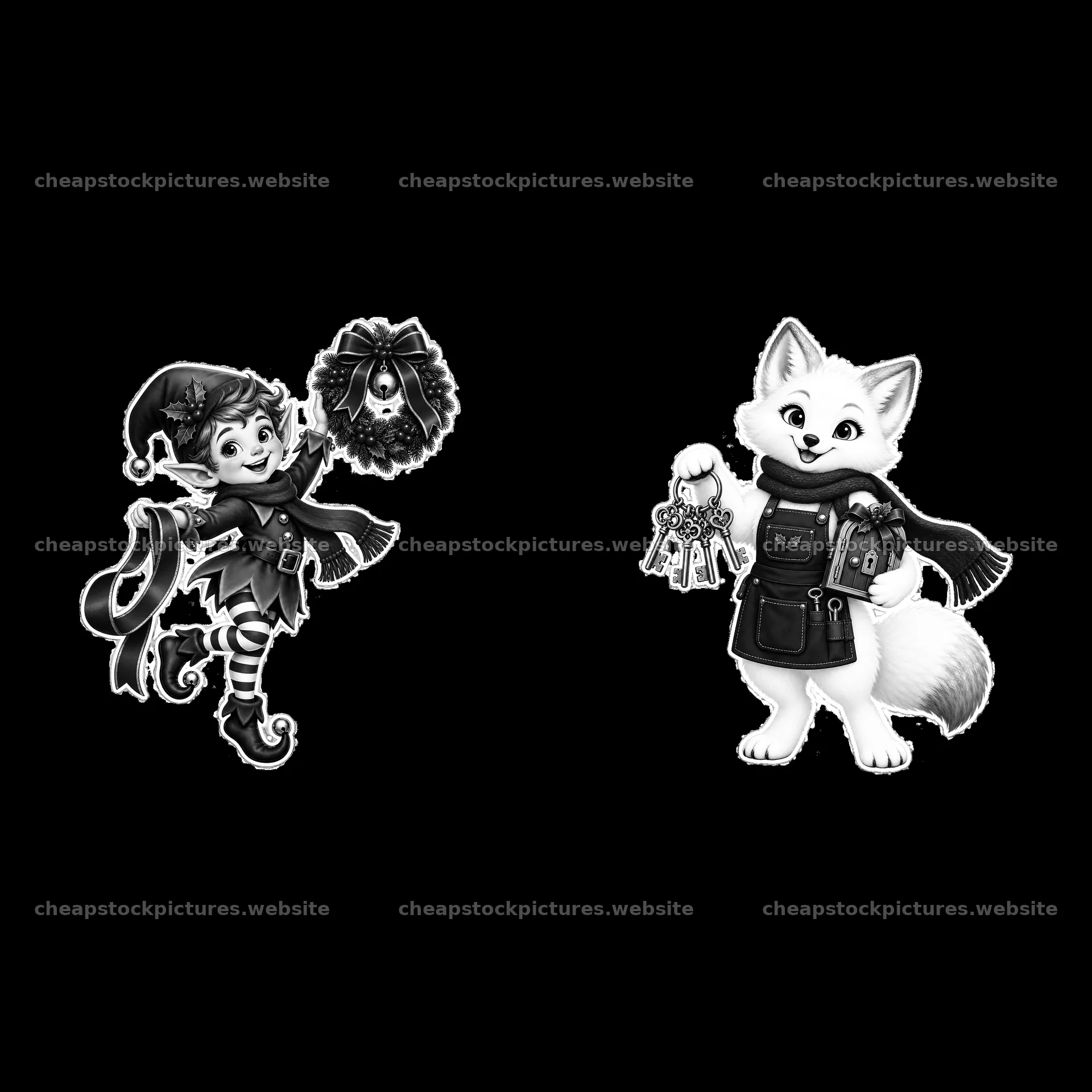 Elf holding a wreath and fox with house keys for Christmas – stock pictures 7746x7746