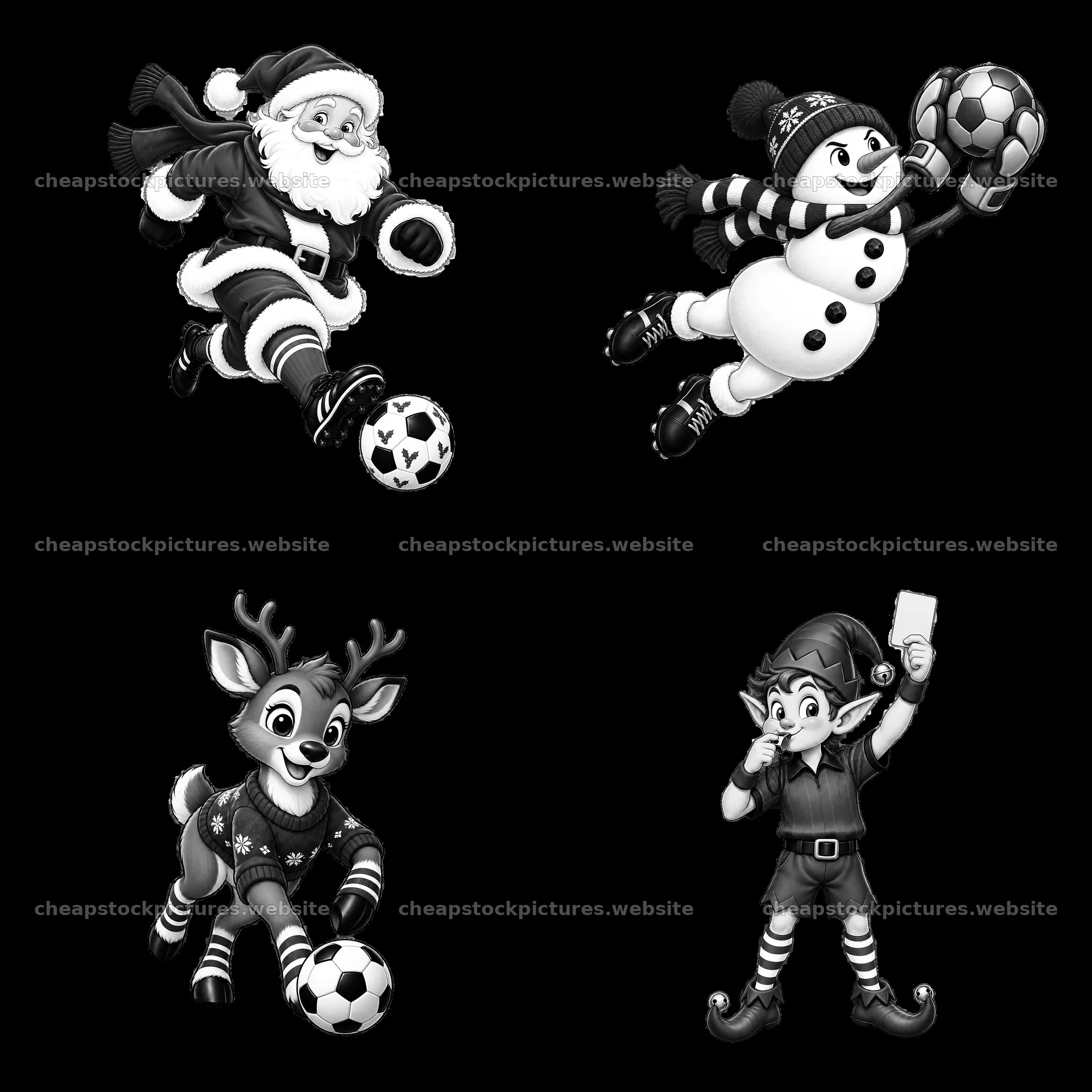 Santa, reindeer, snowman, elf playing soccer during Christmas time – stock pictures 7746x7746