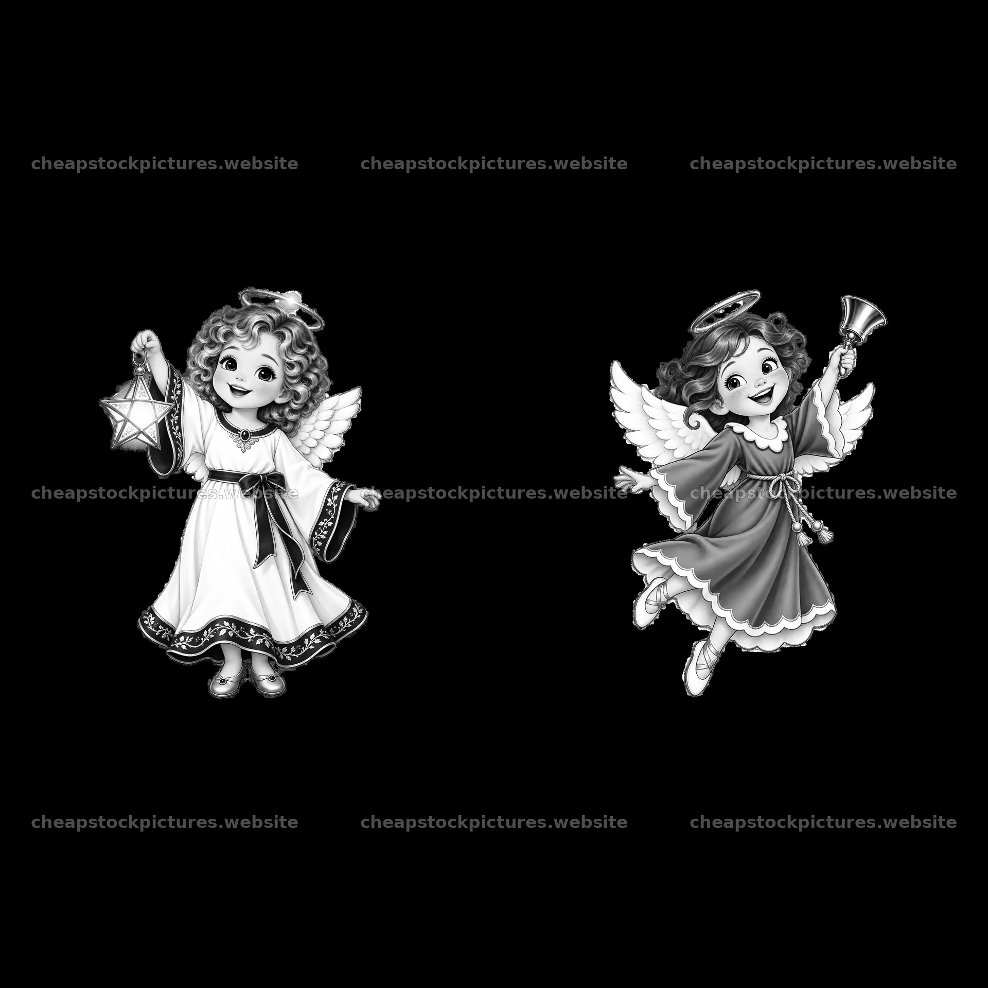 Two Christmas angels holding star and bell in black and white – stock pictures 7746x7746