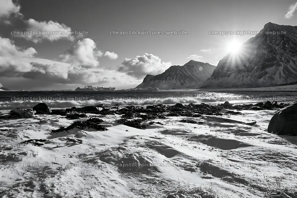 Lofoten coastal meadow with snow and sunlight in winter – stock pictures 9722x6480