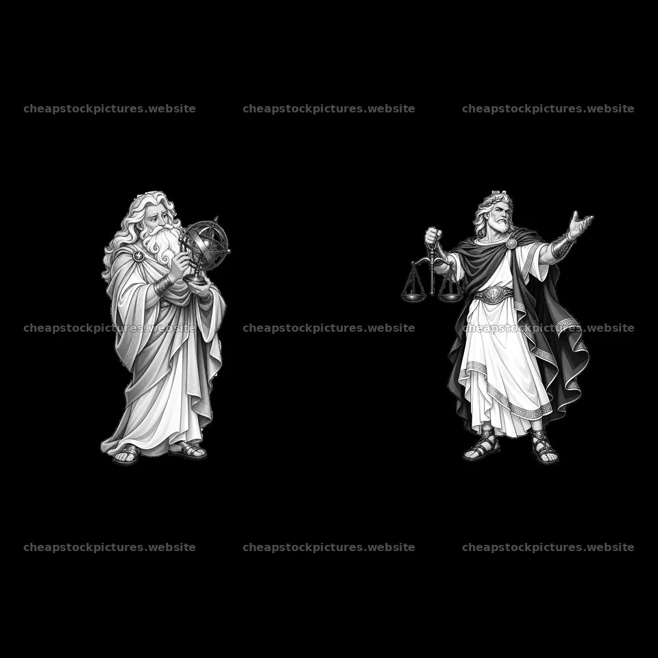 Zeus holding scales and an armillary sphere, cartoon sticker pair – stock pictures 7746x7746