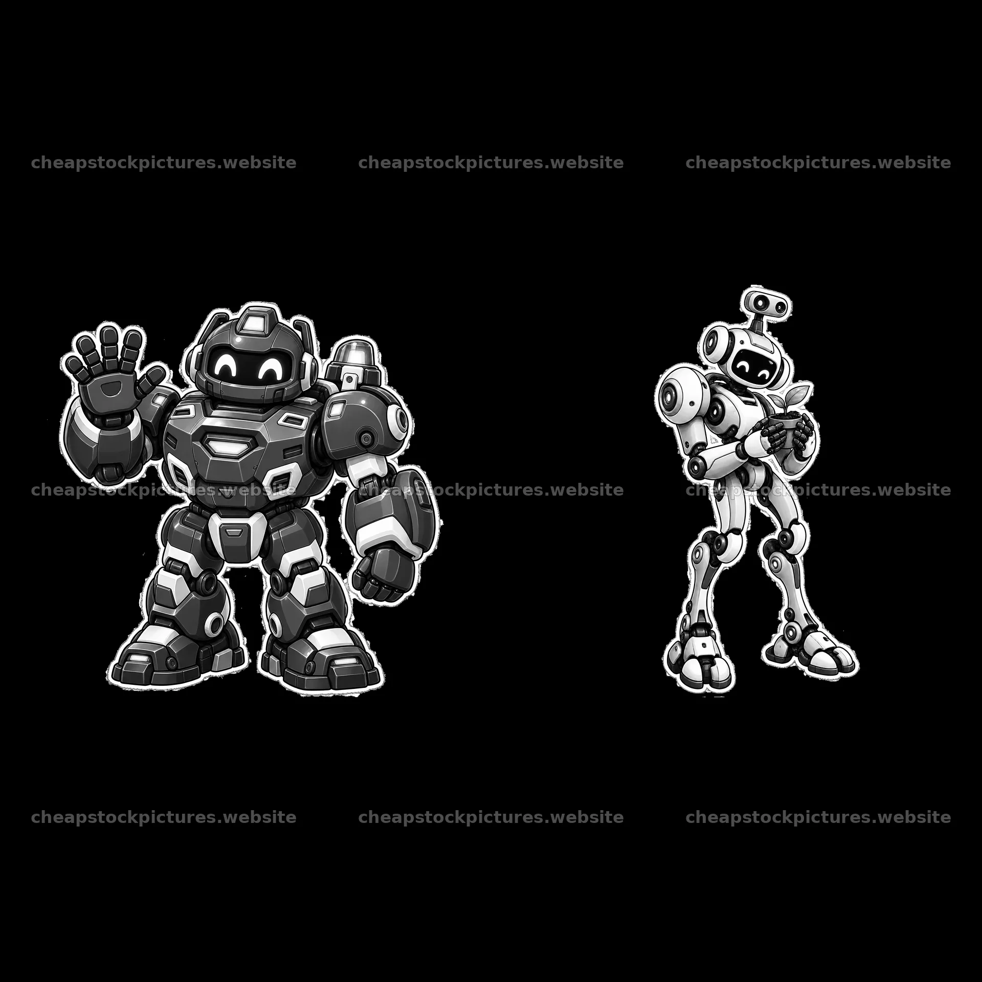 Two mech robots in a friendly pose on a neutral background – stock pictures 7746x7746