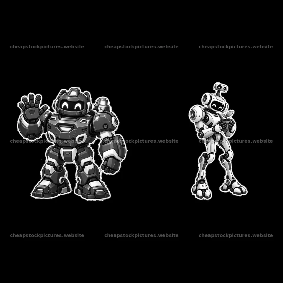 Two mech robots in a friendly pose on a neutral background – stock pictures 7746x7746