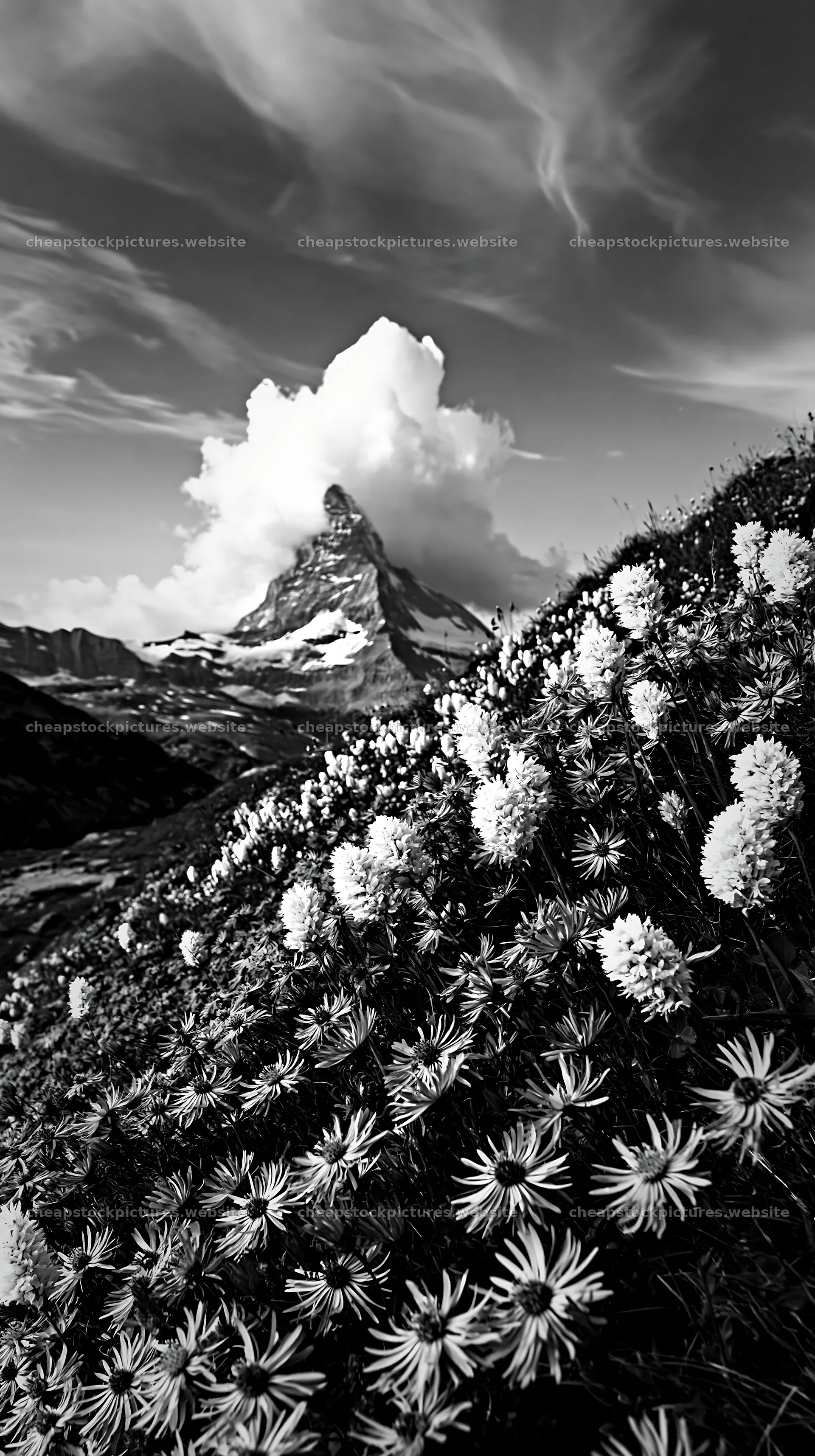 Matterhorn alpine wildflower meadow with snow-capped peak – stock pictures 5938x10608