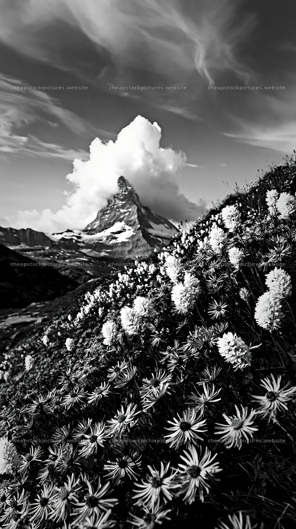 Matterhorn alpine wildflower meadow with snow-capped peak – stock pictures 5938x10608