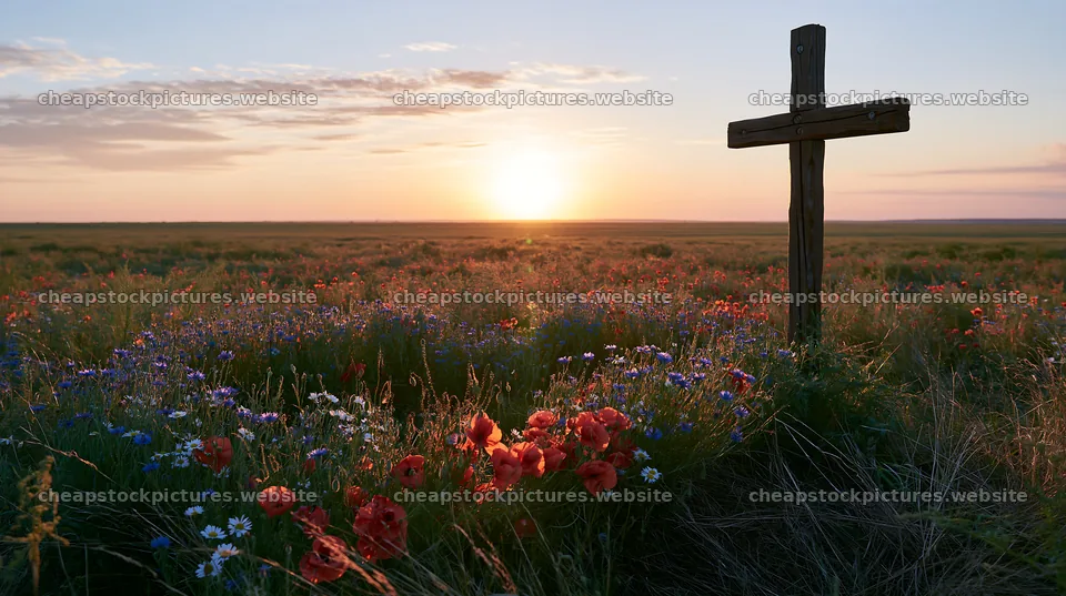 Christian cross in meadow at sunrise with flowers – stock pictures 10608x5938