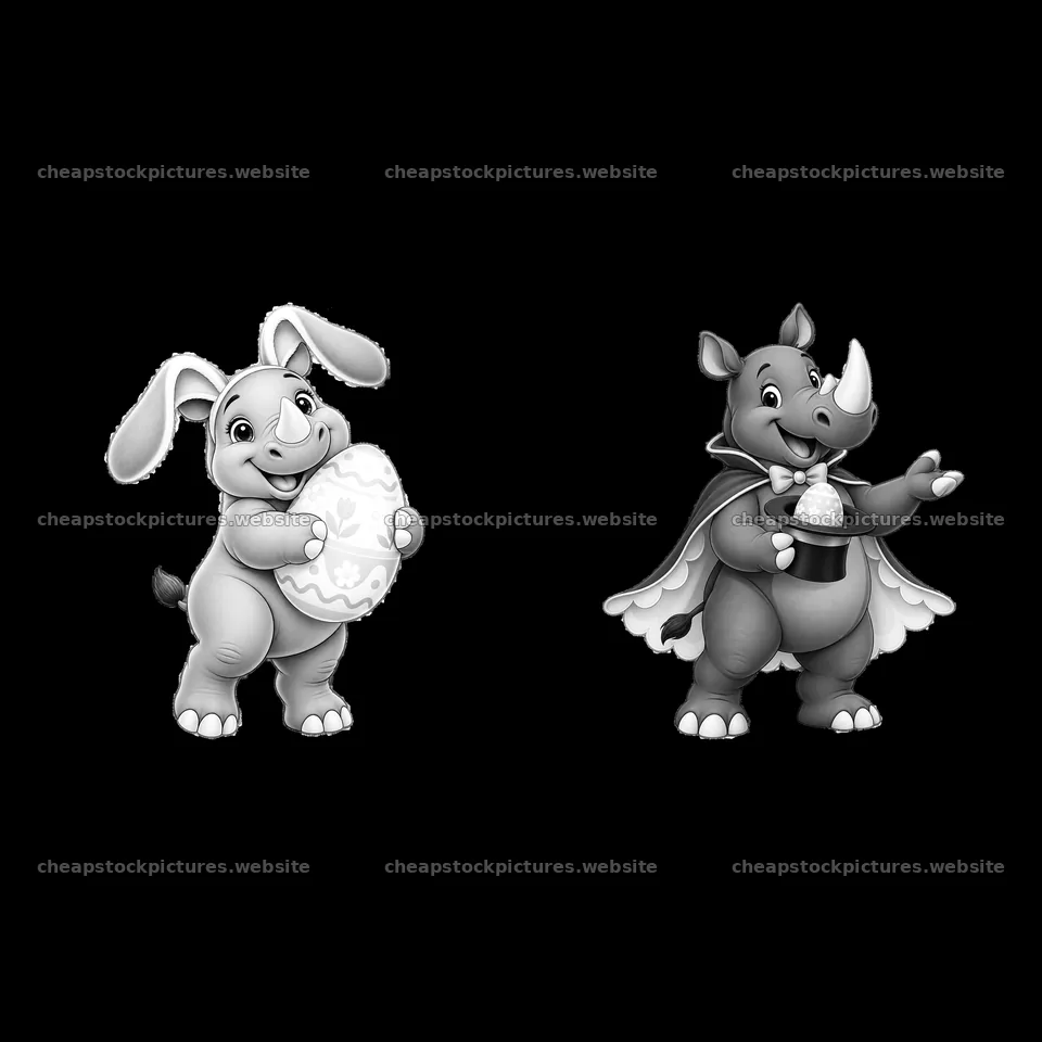 Easter rhinoceros and bunny holding decorated egg and bell – stock pictures 7746x7746