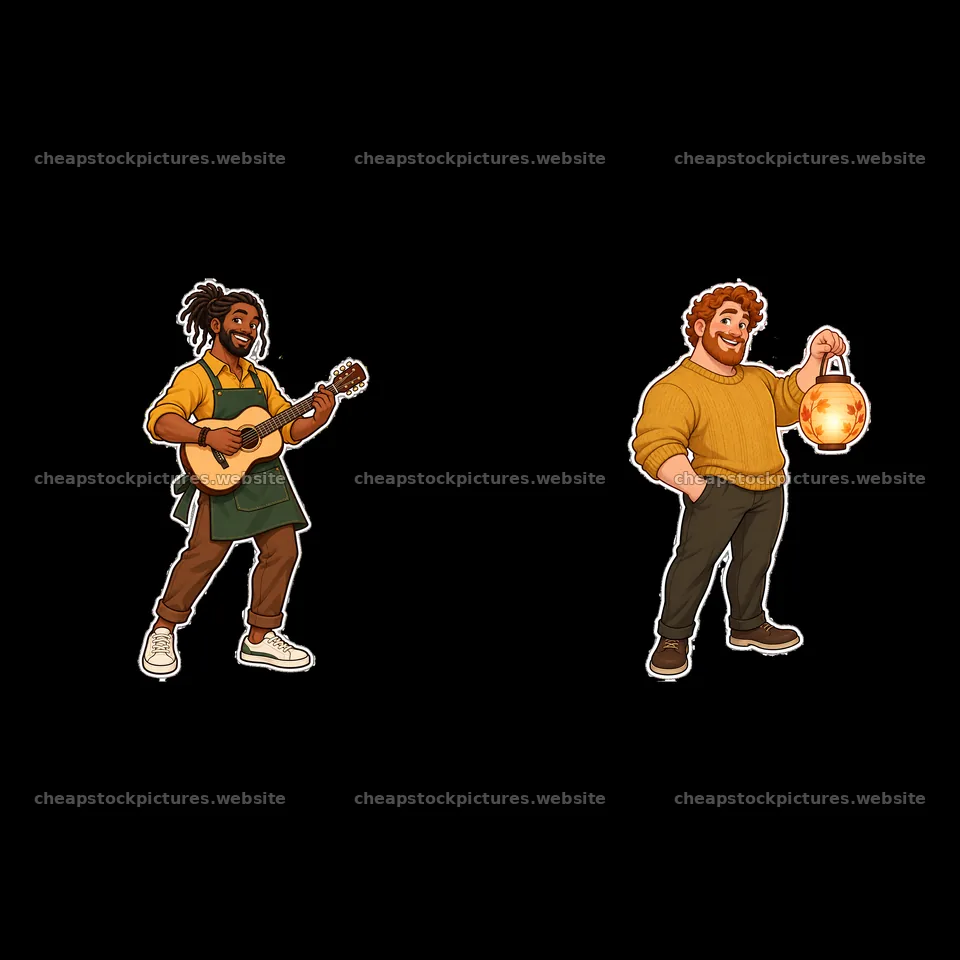 Two men in warm sweaters playing music and sharing light – stock pictures 7746x7746
