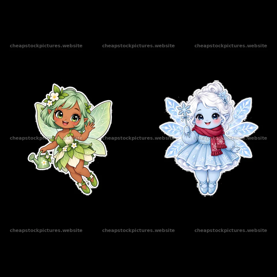 Kawaii chubby fairies with watering can and snowflake wand – stock pictures 7746x7746