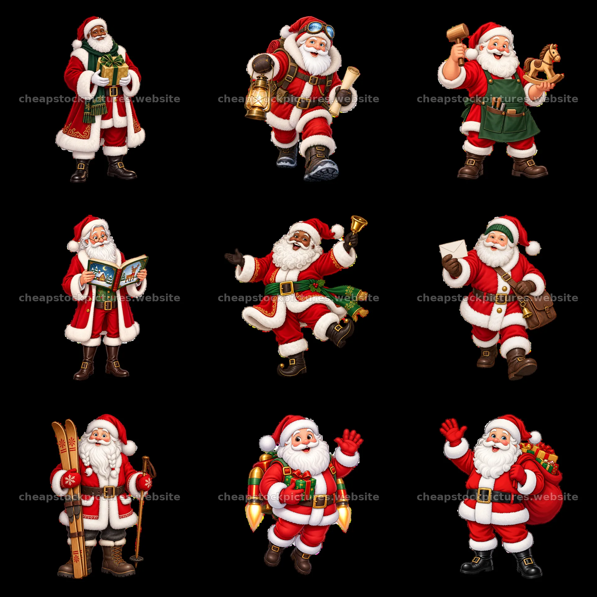 Nine Santa Claus cartoon stickers in various festive poses – stock pictures 7746x7746