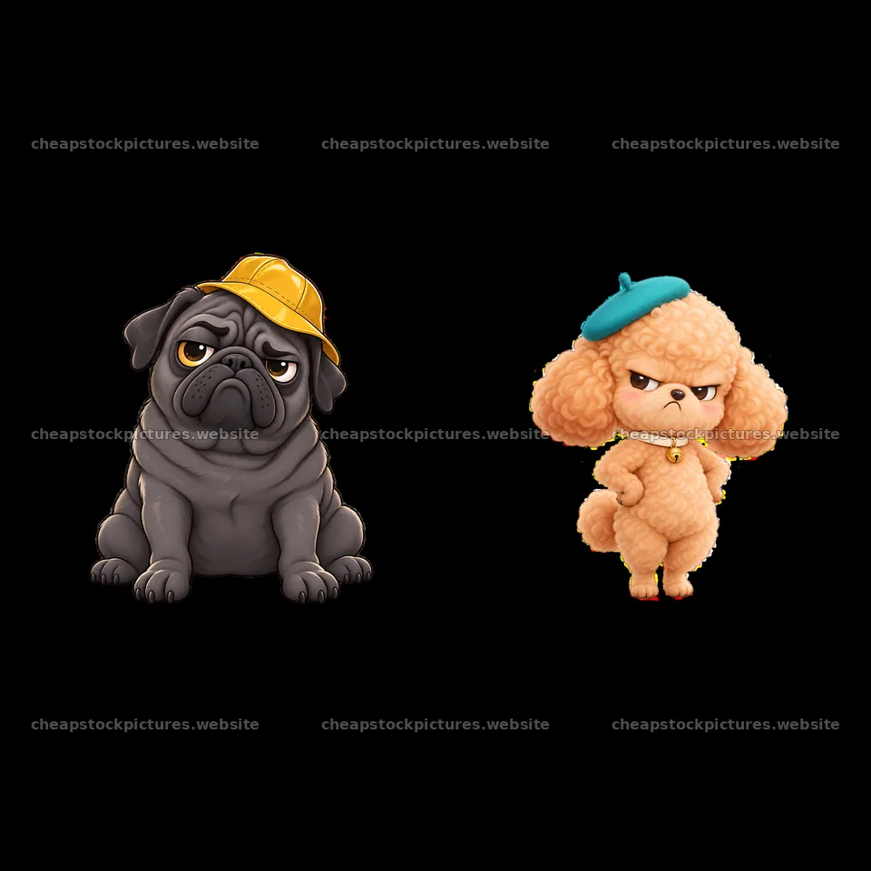Kawaii grumpy dog characters wearing hats side by side – stock pictures 7746x7746