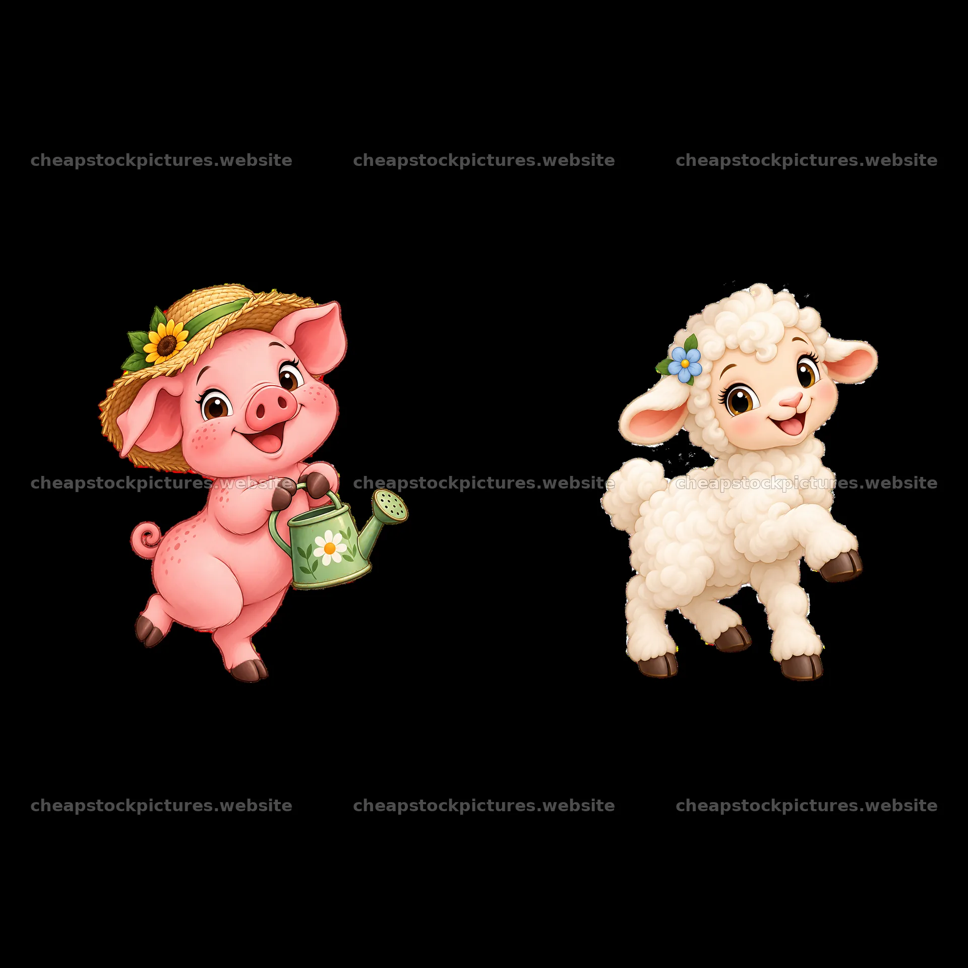 Happy pig and cheerful lamb on the farm – stock pictures 7746x7746