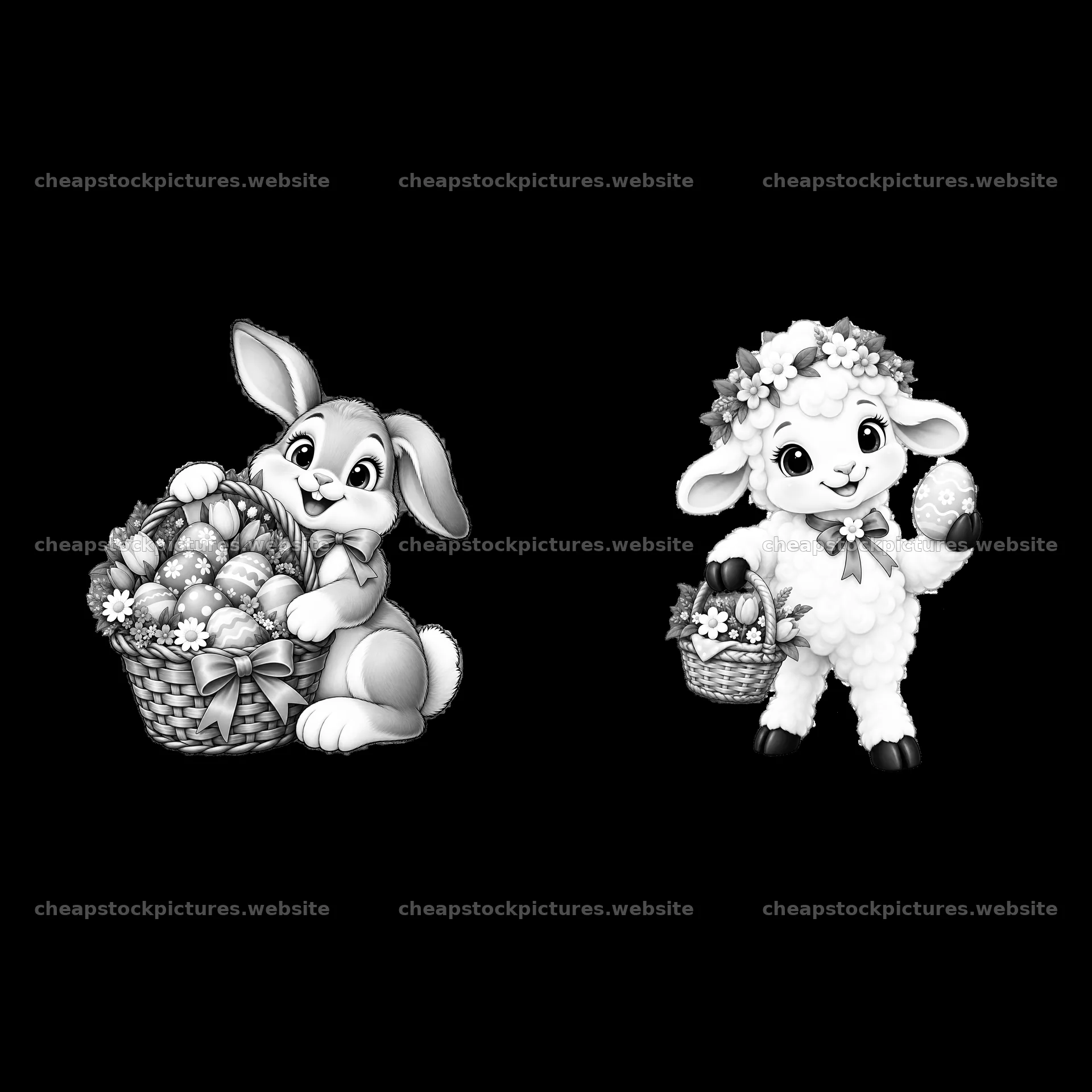 Easter bunny and lamb with baskets of eggs in black and white – stock pictures 7746x7746