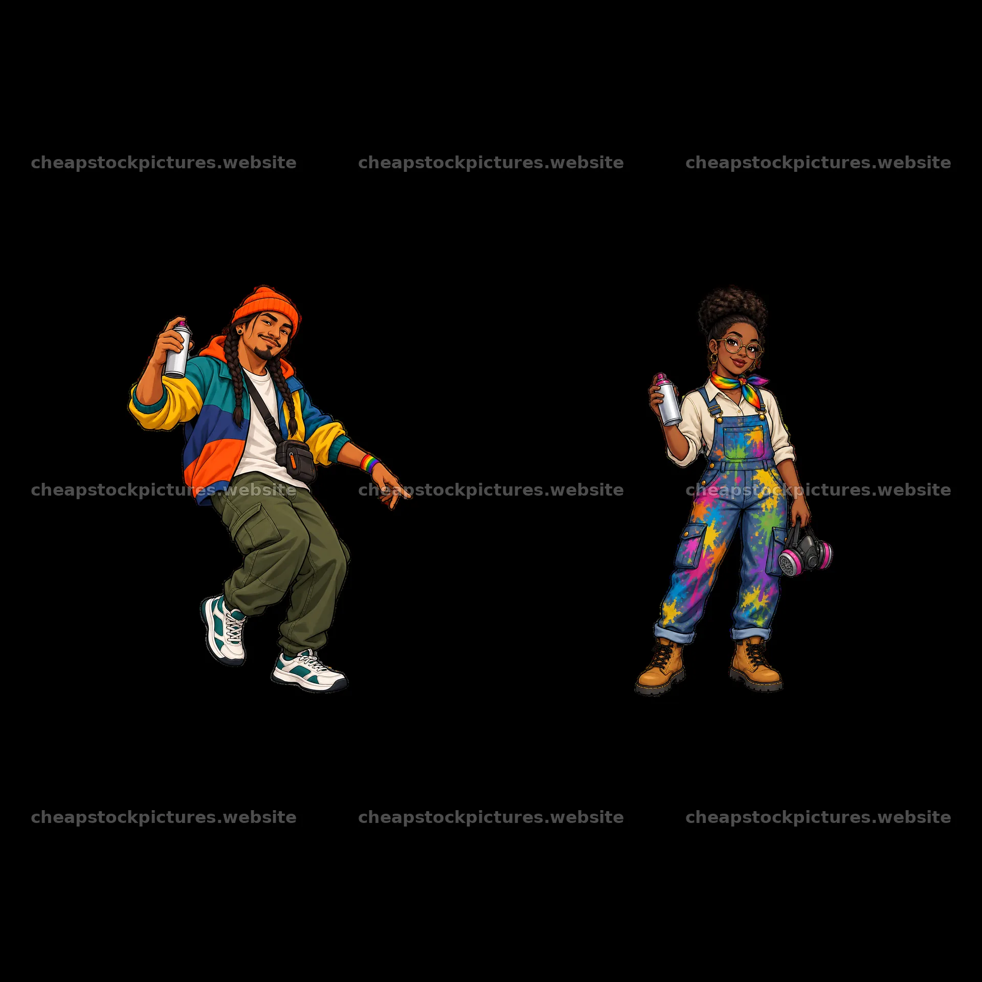 Gay graffiti spray painter couple with colorful outfits – stock pictures 7746x7746