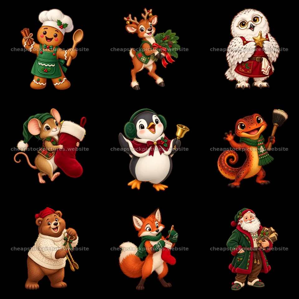 Cartoon characters celebrating Christmas near a fireplace – stock pictures 7746x7746