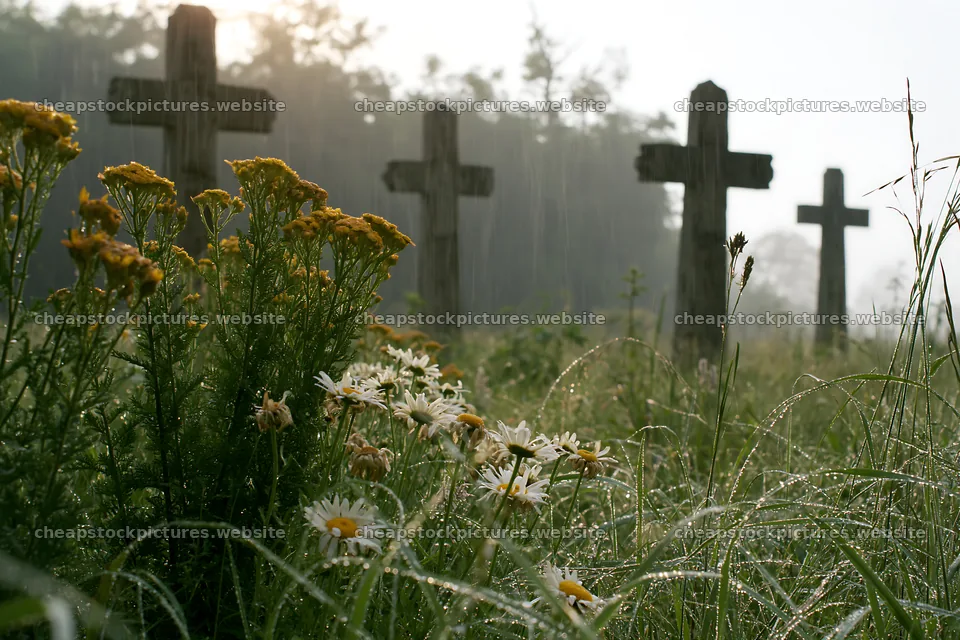 Christian crosses in rain soaked meadow with wildflowers – stock pictures 9722x6480
