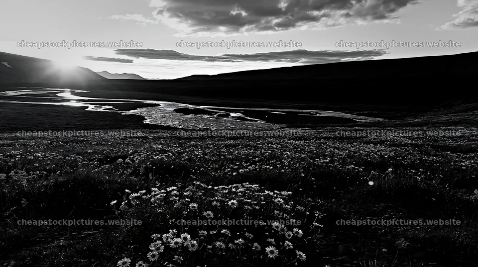 Meadow whiteout in a scenic valley during sunset – stock pictures 10608x5938