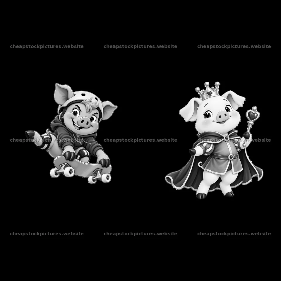 Two cartoon pigs, one skateboarding and one dressed as a king – stock pictures 7746x7746