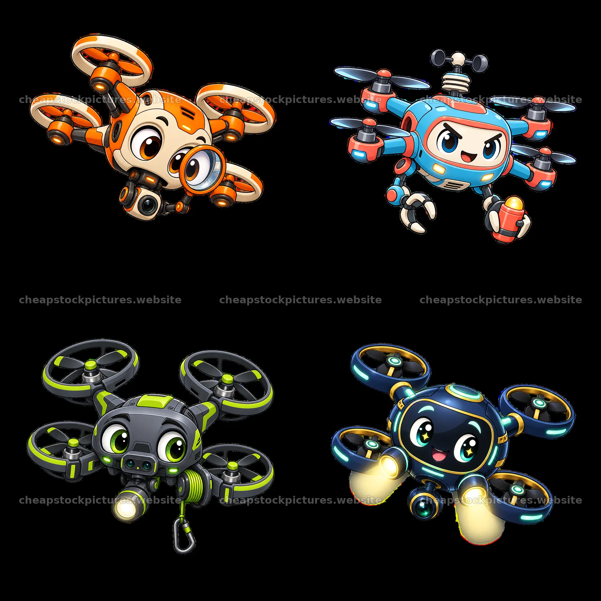 Four cartoon drones with distinct features and colors are displayed – stock pictures 7746x7746
