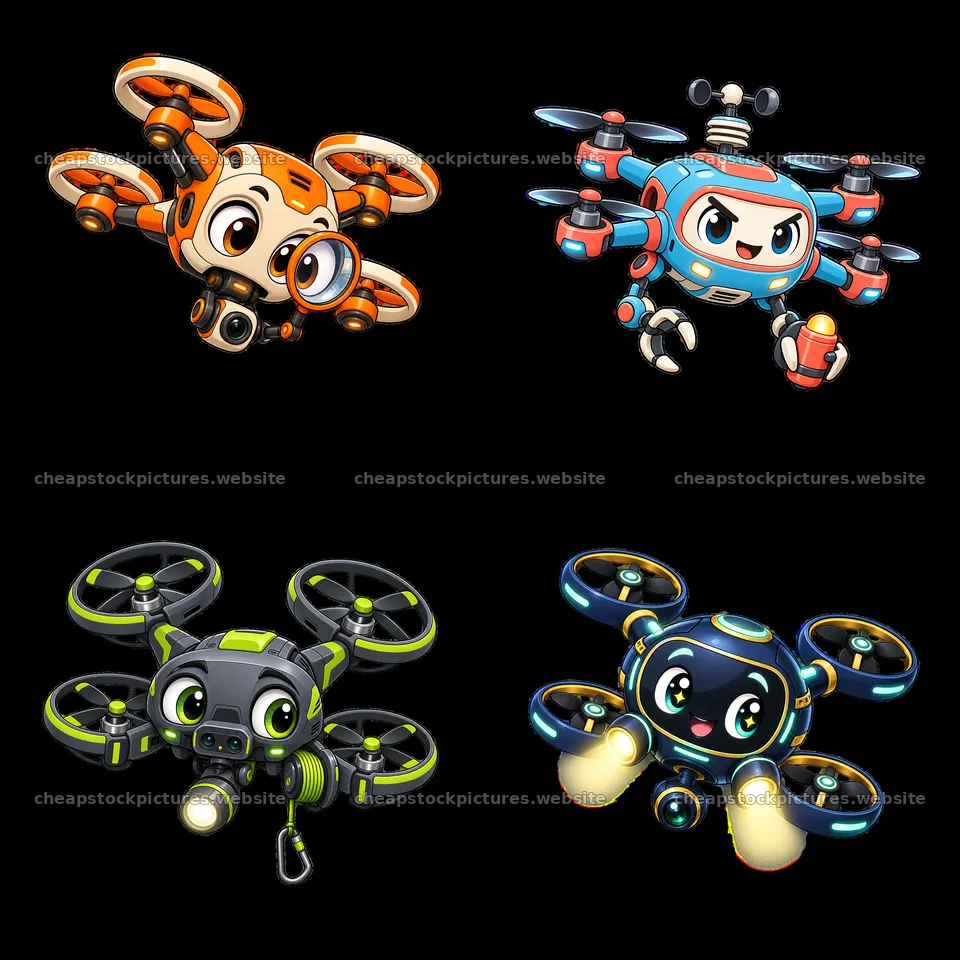 Four cartoon drones with distinct features and colors are displayed – stock pictures 7746x7746