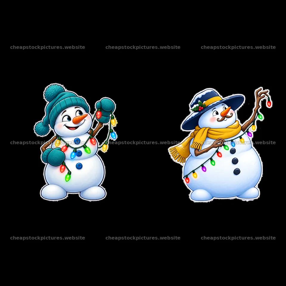 Snowmen wearing hats holding colorful string lights – stock pictures 7746x7746