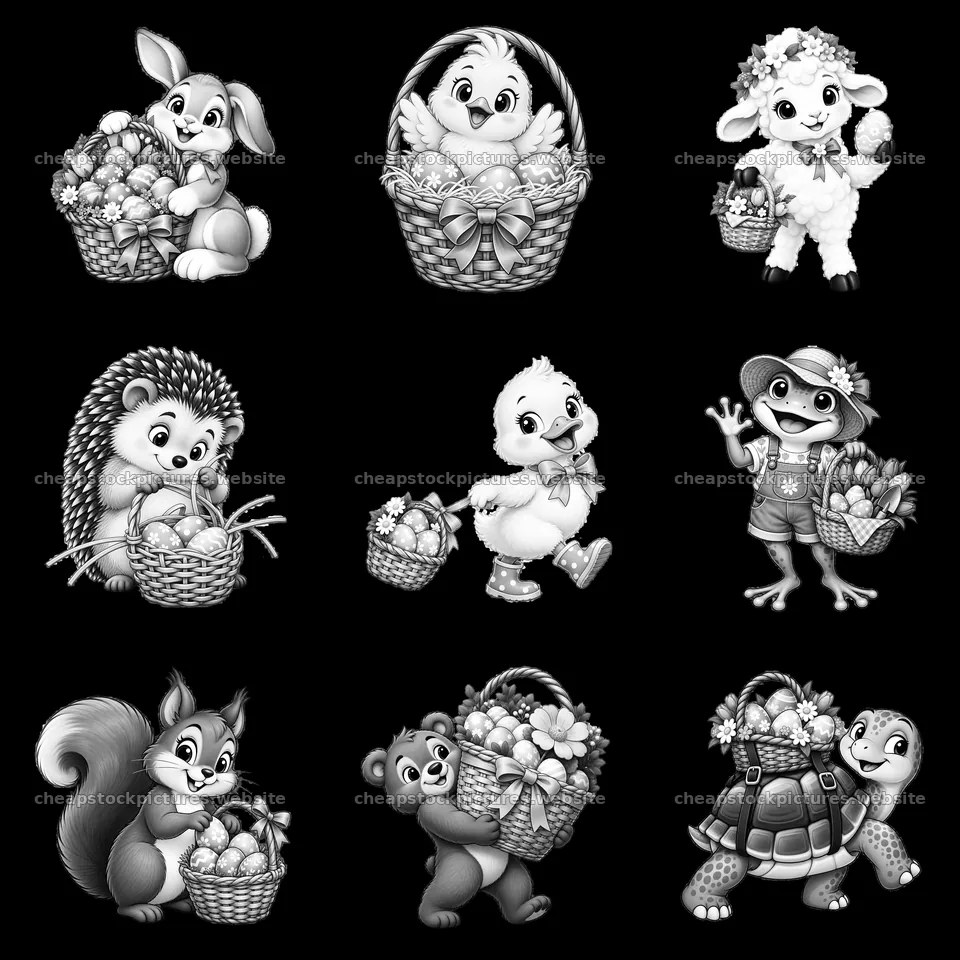 Easter basket animals in a 3x3 monochrome cartoon arrangement – stock pictures 7746x7746
