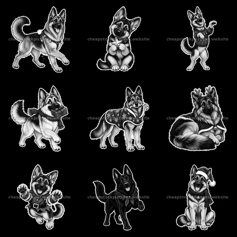 Christmas German Shepherd illustrations in a 3x3 layout – stock pictures 7746x7746