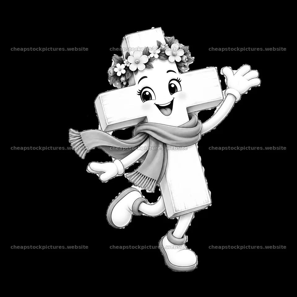 Easter cross character with flowers and scarf waving happily – stock pictures 7746x7746
