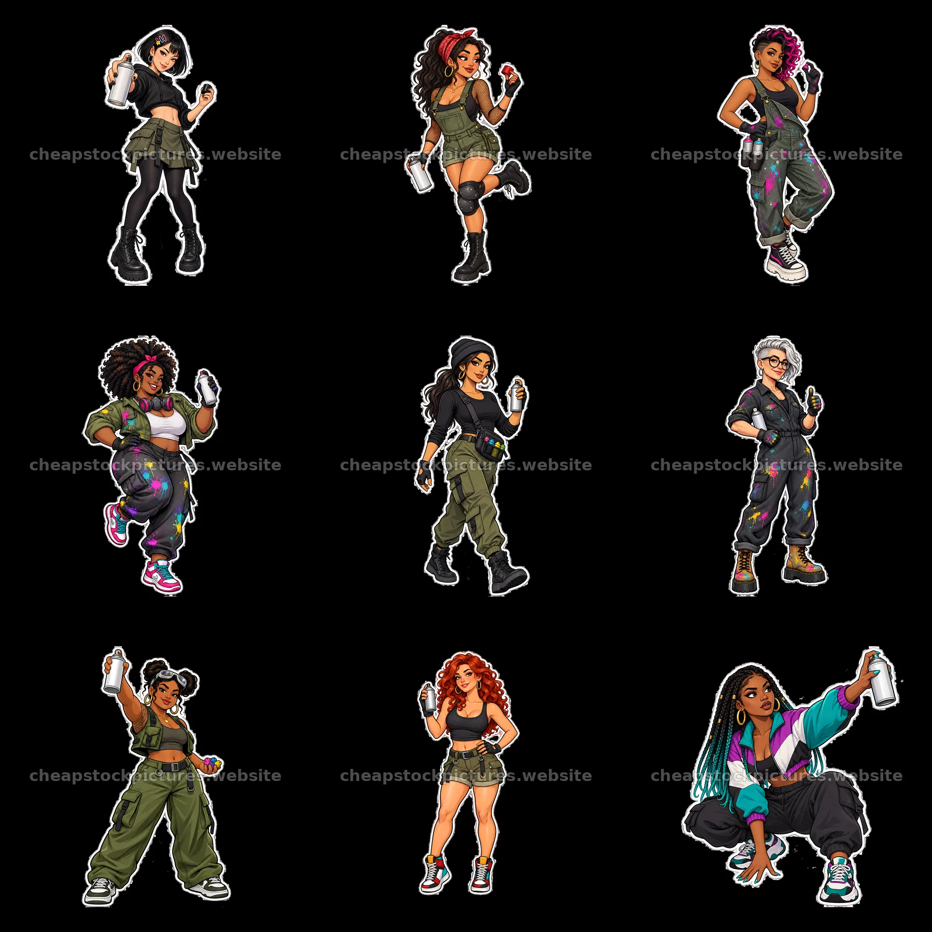 Sexy female graffiti sprayer characters in vibrant urban setting – stock pictures 7746x7746