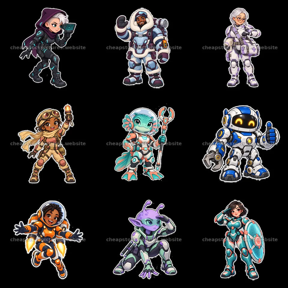 Kawaii futuristic super-soldier cartoon sticker collection – stock pictures 7746x7746