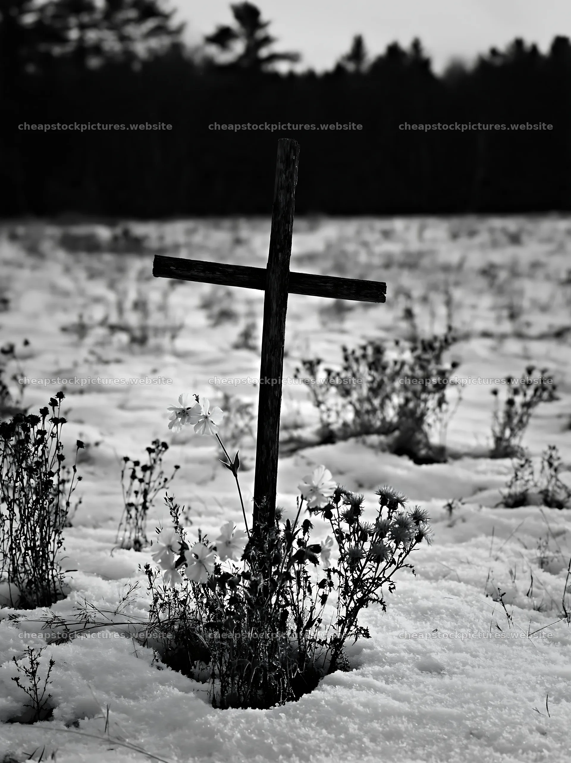 Christian cross in snow-filled meadow landscape – stock pictures 6866x9174