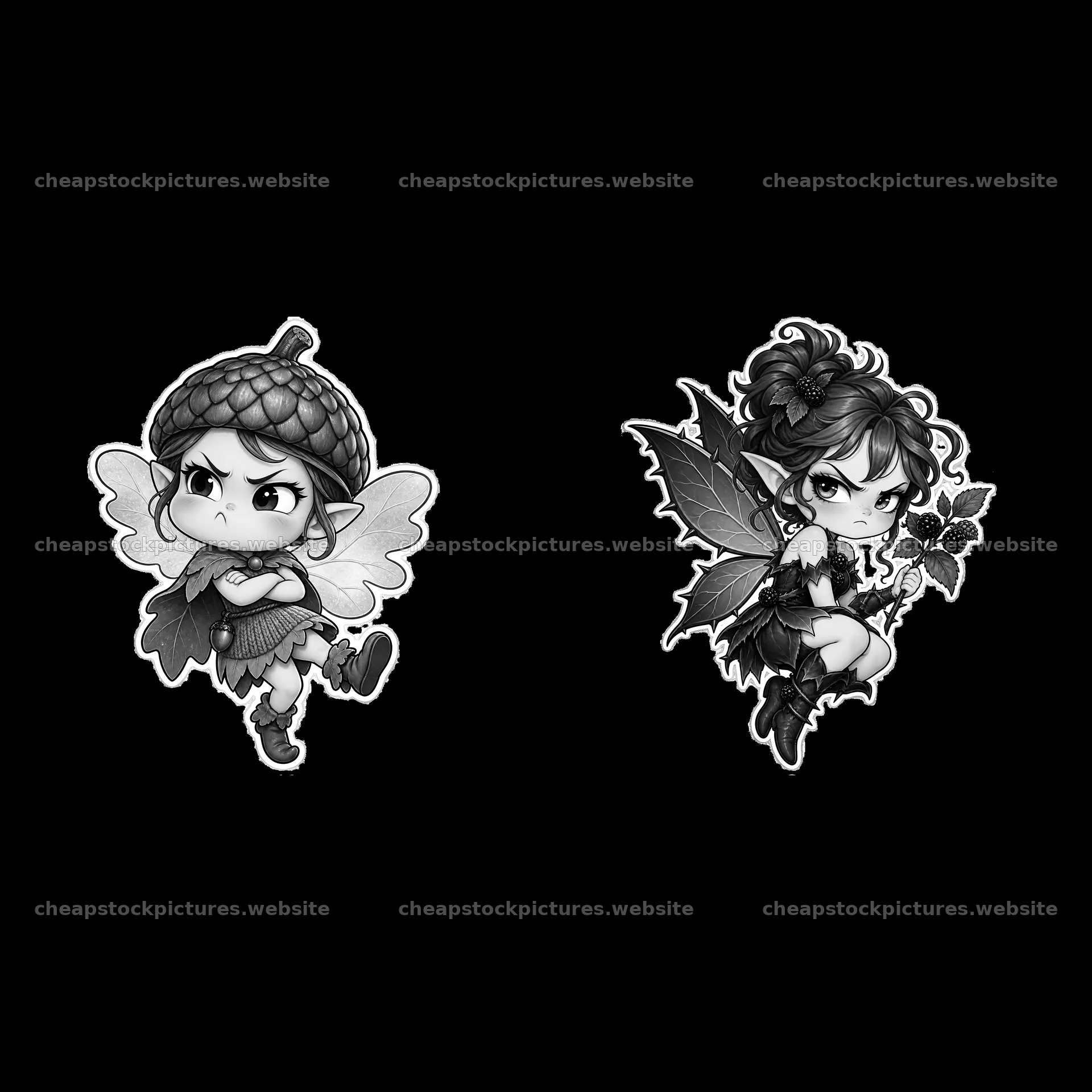 Kawaii grumpy fairy characters in black and white illustration – stock pictures 7746x7746