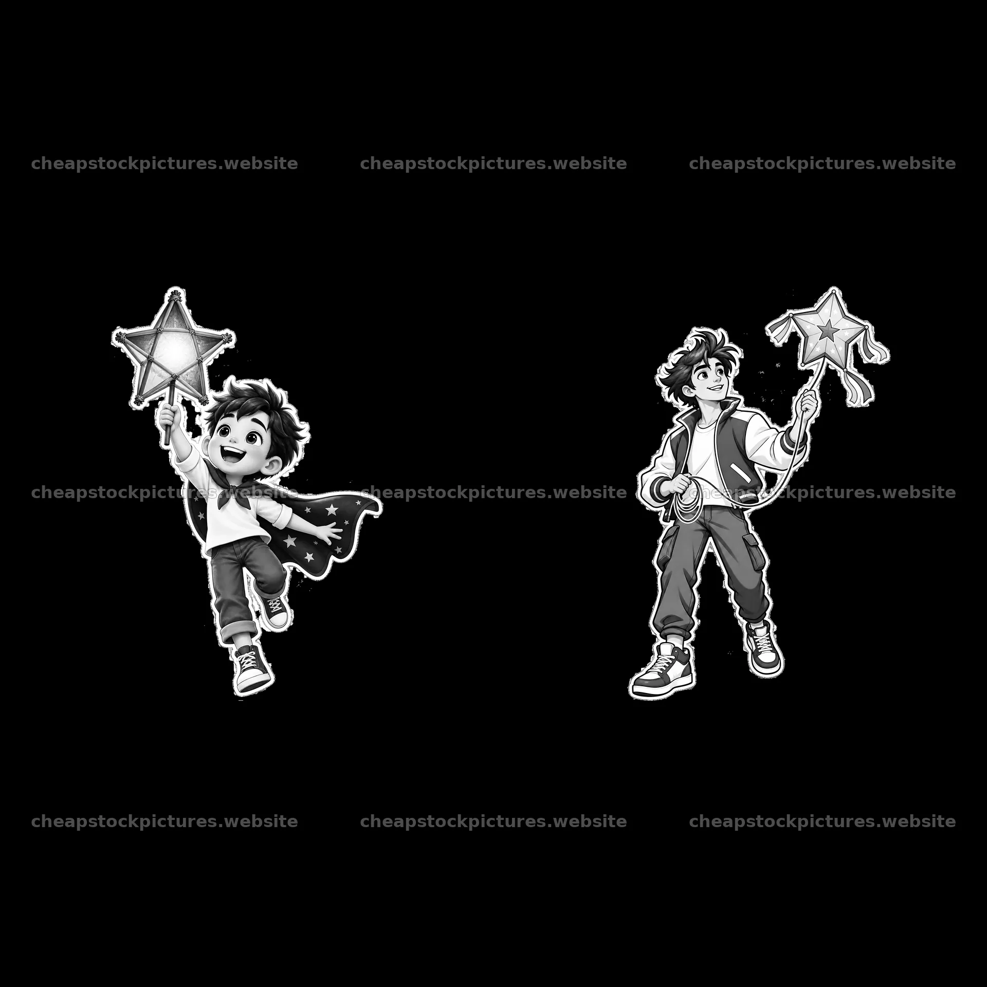 Magical boy character with star wand and cape in playful pose – stock pictures 7746x7746