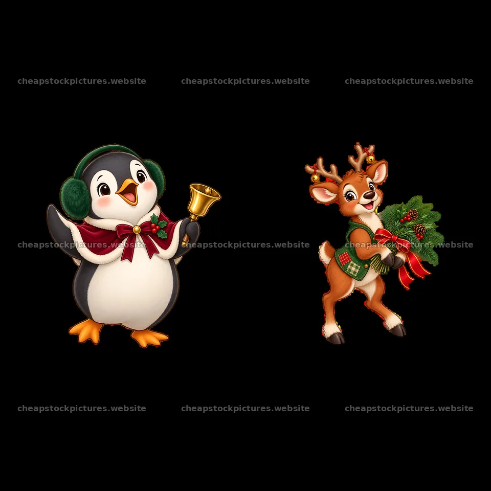 Penguin with bell and reindeer with wreath by fireplace – stock pictures 7746x7746