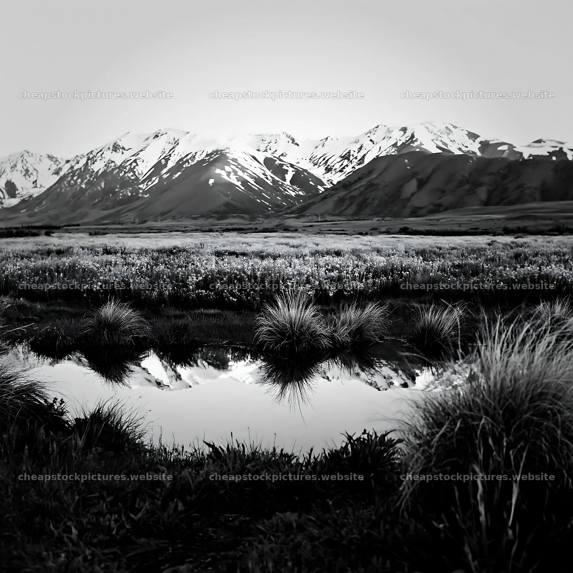 Lake Tekapo meadow with snowy alps and water reflections – stock pictures 7938x7938