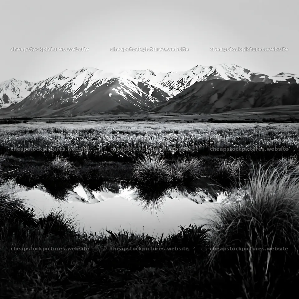 Lake Tekapo meadow with snowy alps and water reflections – stock pictures 7938x7938