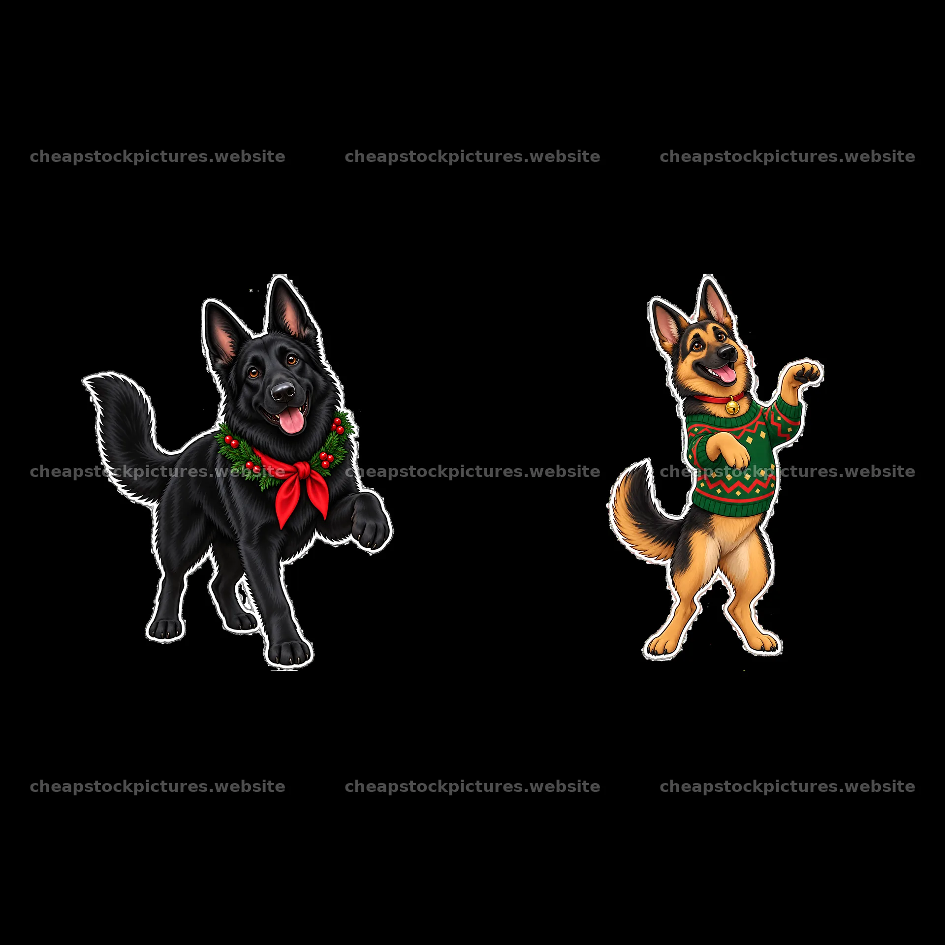 Christmas German Shepherds in festive attire and happy poses – stock pictures 7746x7746
