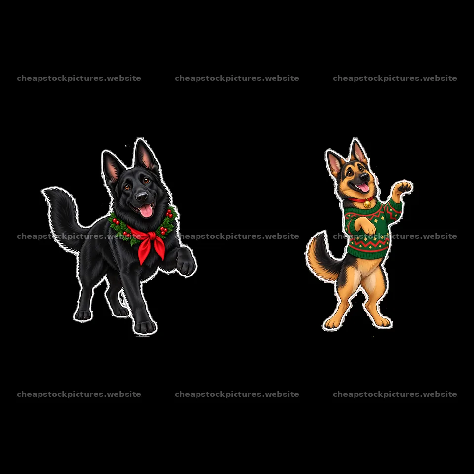 Christmas German Shepherds in festive attire and happy poses – stock pictures 7746x7746