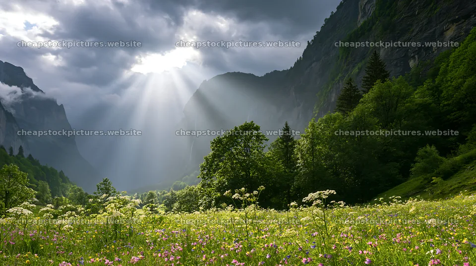 Light beams over Lauterbrunnen Valley meadow at midday – stock pictures 10608x5938