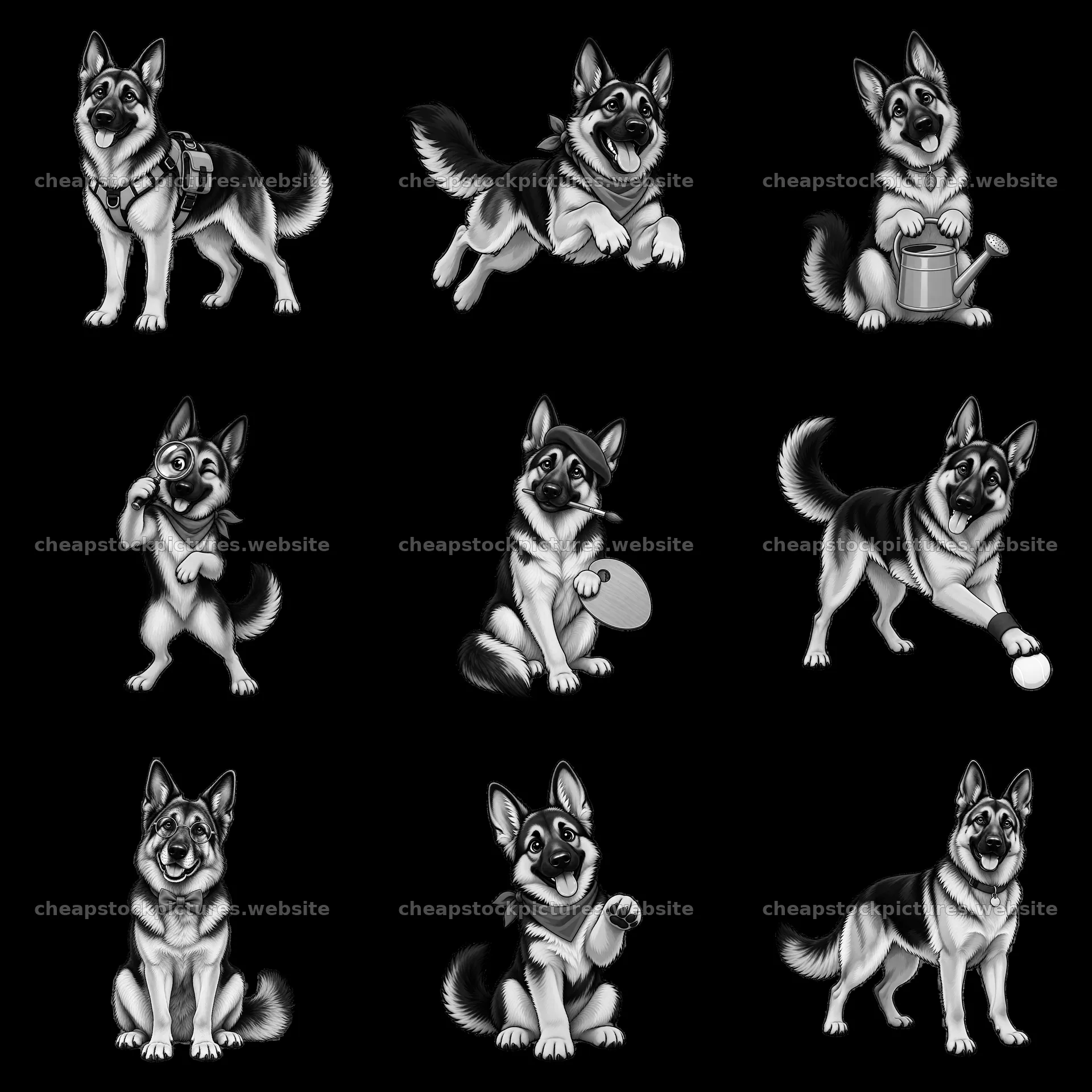 Nine German Shepherd dog cartoon stickers in playful poses – stock pictures 7746x7746