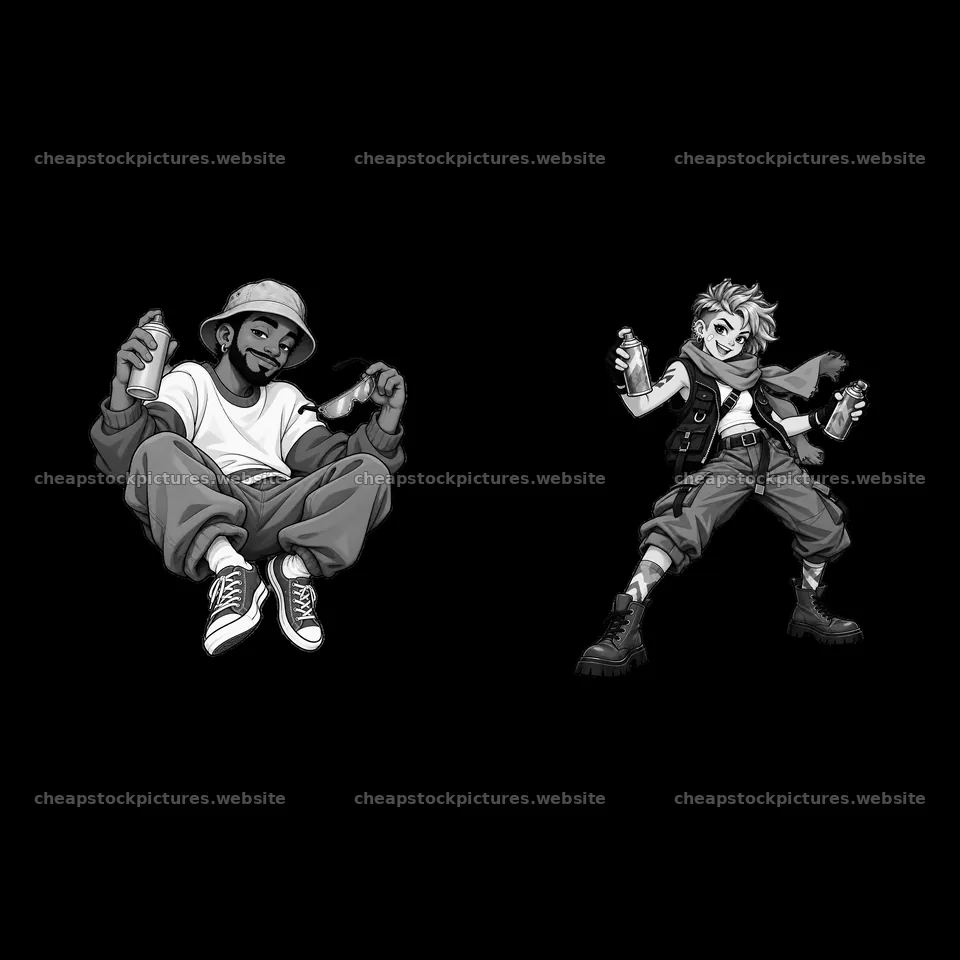 Cool graffiti sprayer characters with spray cans sitting and – stock pictures 7746x7746