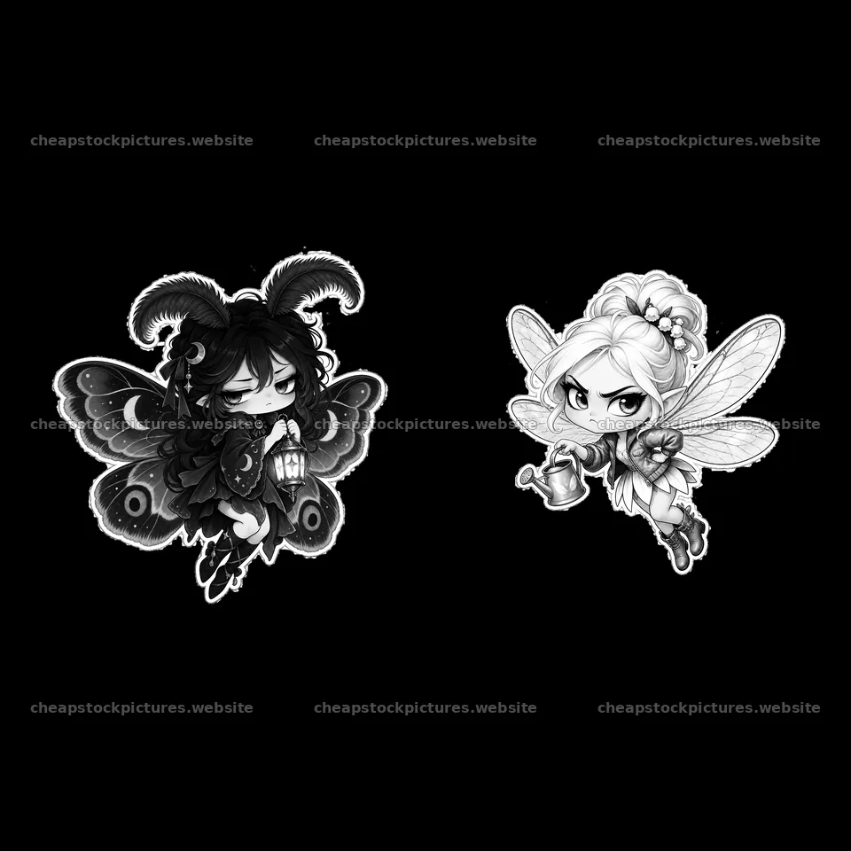 Kawaii grumpy fairy and butterfly character pair in black and white – stock pictures 7746x7746