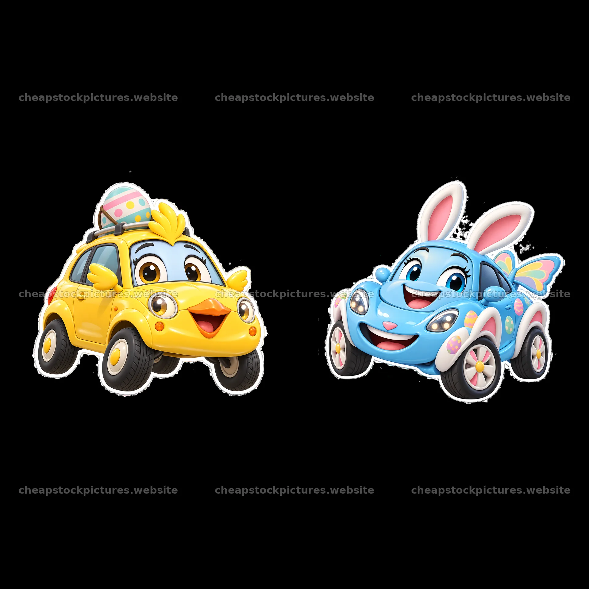 Easter cars with happy characters and festive decorations – stock pictures 7746x7746