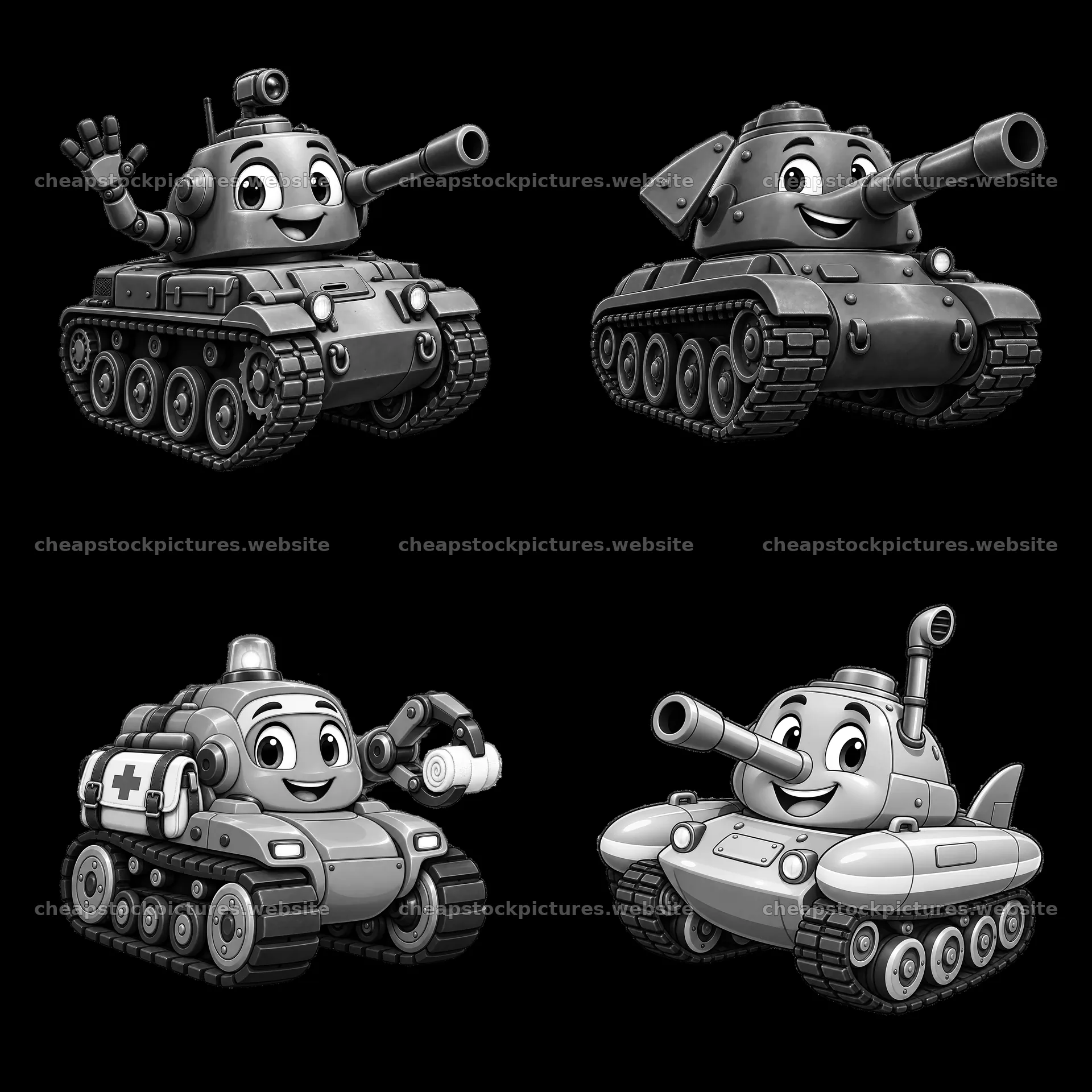 Cartoon tank stickers in different poses and expressions – stock pictures 7746x7746