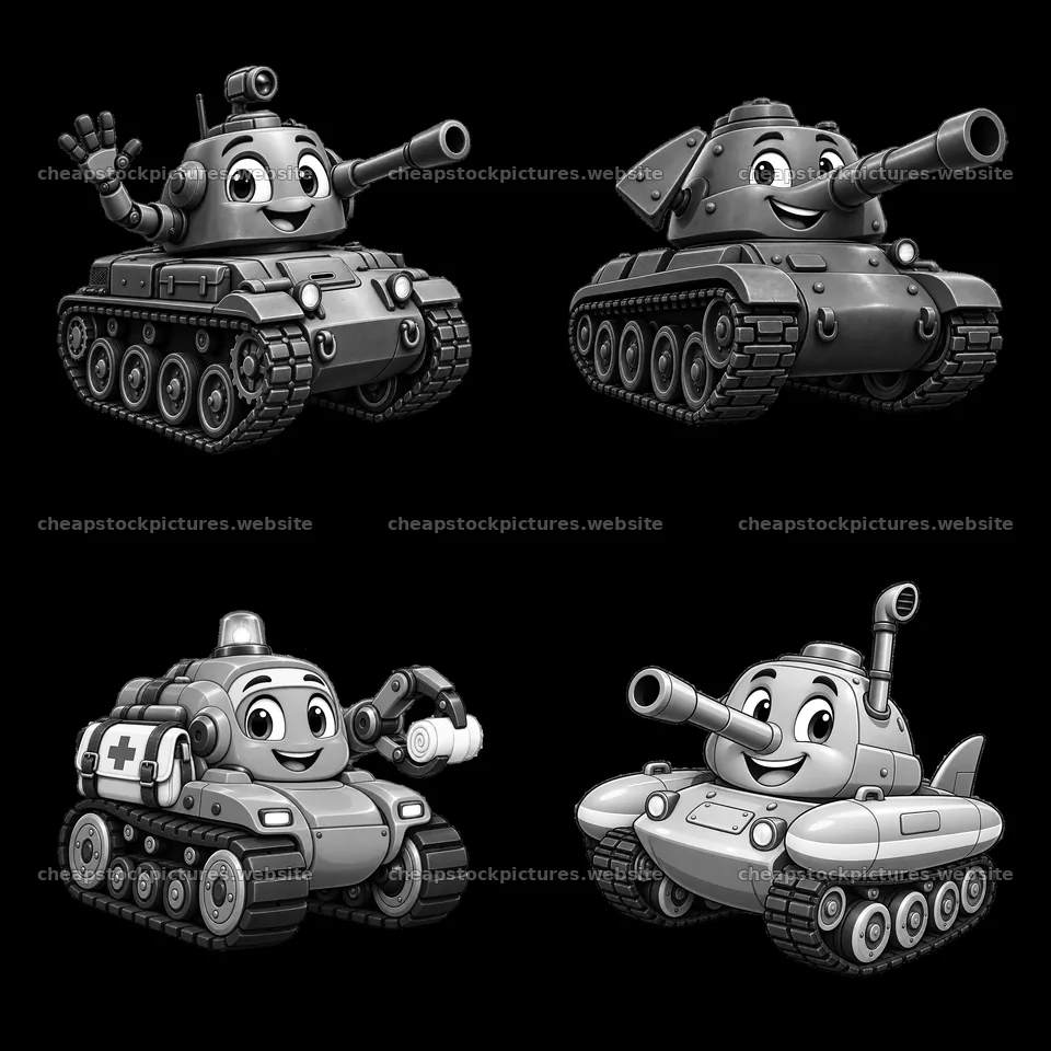 Cartoon tank stickers in different poses and expressions – stock pictures 7746x7746