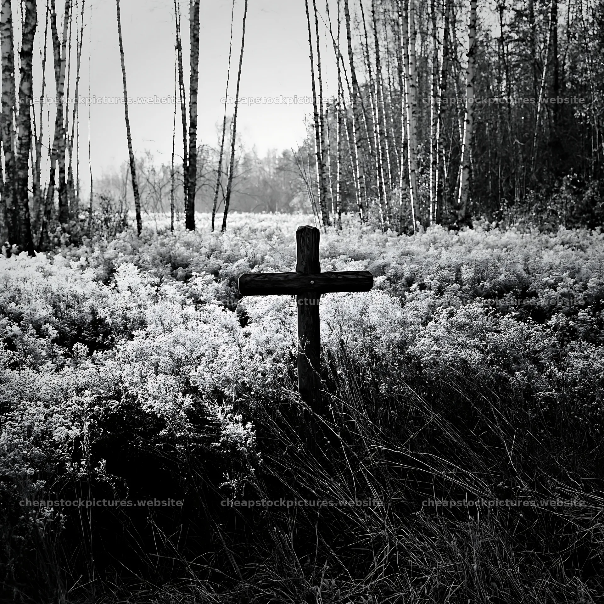 Carved oak cross in frosted meadow surrounded by trees – stock pictures 7938x7938