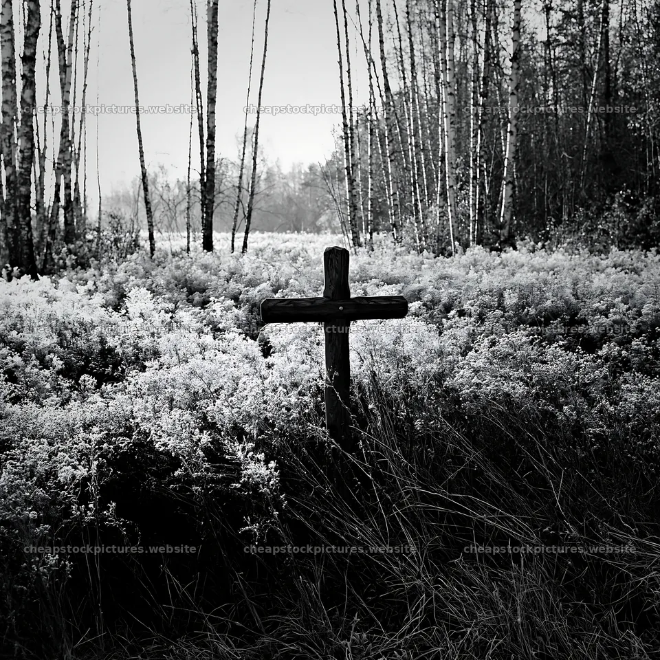 Carved oak cross in frosted meadow surrounded by trees – stock pictures 7938x7938