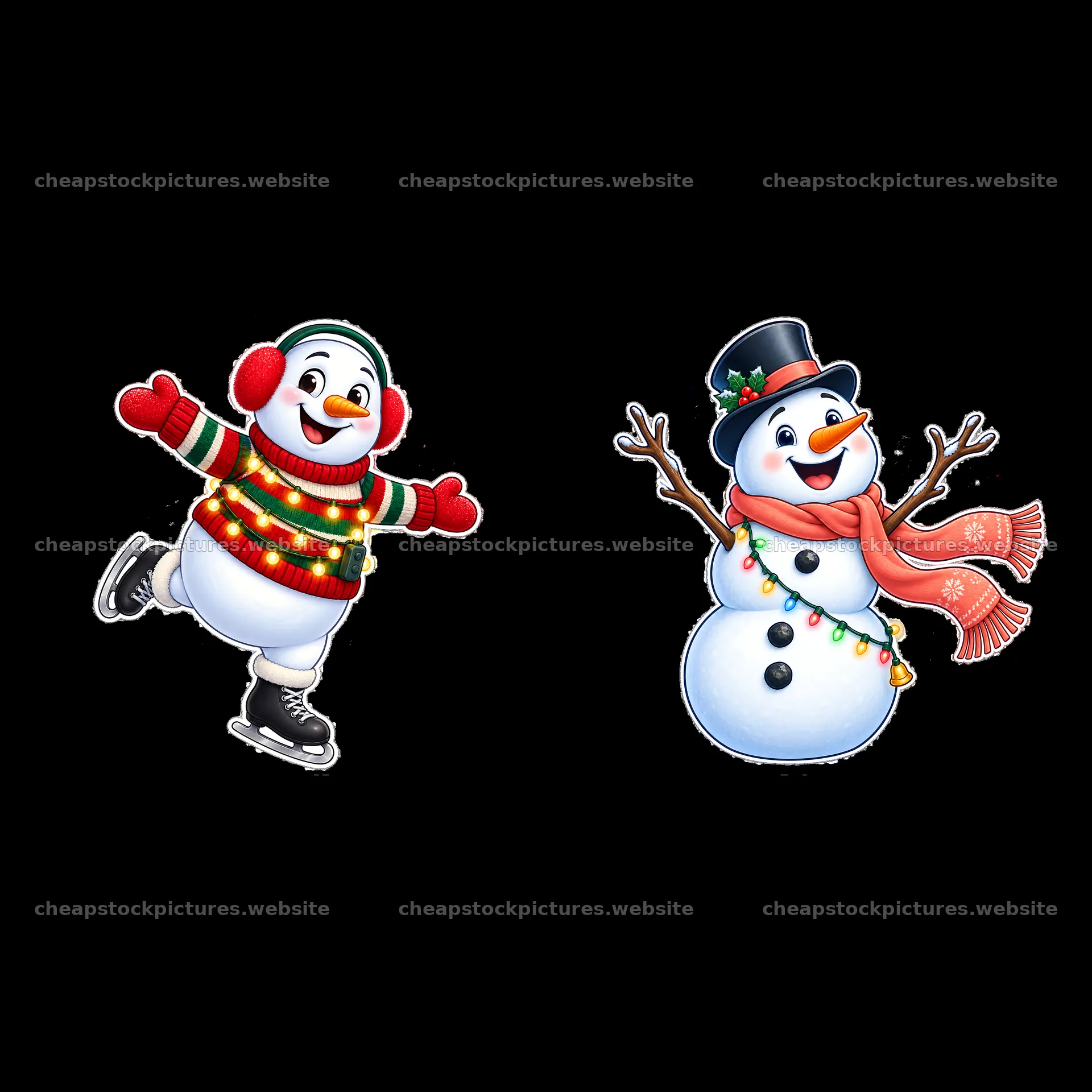 Snowman skating with string lights and snowman with accessories – stock pictures 7746x7746
