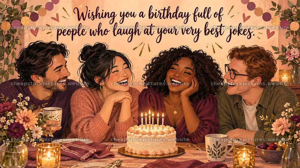 Birthday Greeting with Laughing Friends and Cake – stock pictures 10324x5812