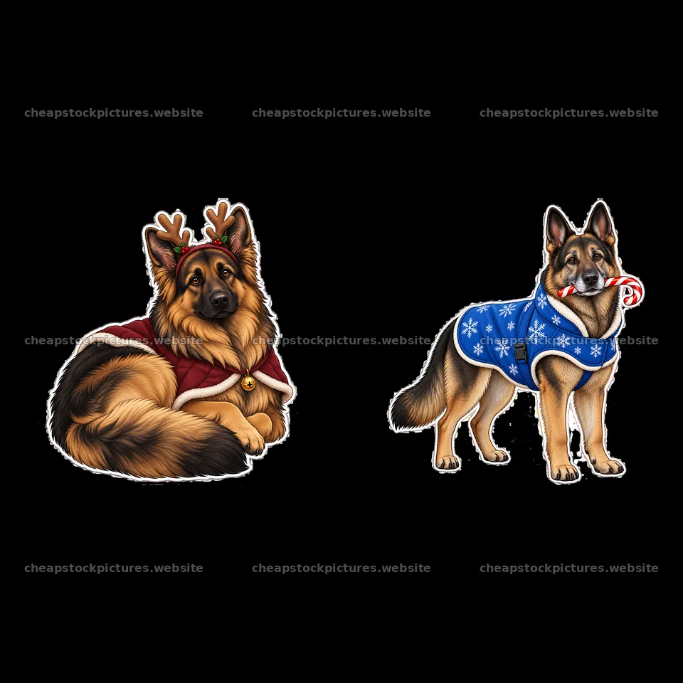 Christmas German Shepherds in festive attire – stock pictures 7746x7746
